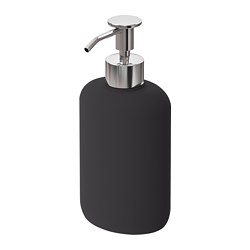 Black soap dispenser, modern design, shiny metal pump, smooth stoneware body, sleek rectangular shape.