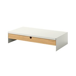 ELLOVEN white aluminium monitor stand with bamboo drawer for workspace organisation.