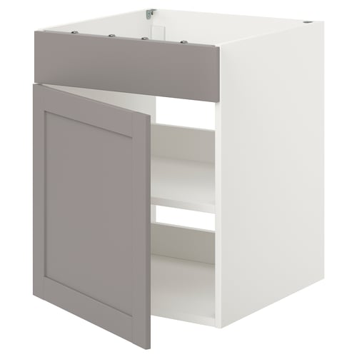 ENHET white & grey kitchen cabinet, modern, sleek design, one open shelf, white interior, grey framed door.