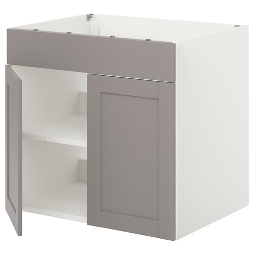 ENHET grey-white kitchen cabinet with modern design, featuring storage and sleek grey framed doors.