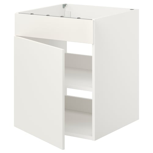 A white ENHET kitchen cabinet with a sleek design, featuring a false drawer and storage for cookware.