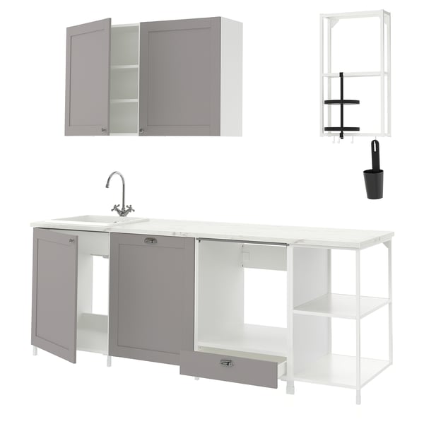 ENHET Kitchen, white/grey frame, 223x63.5x216.5 cm