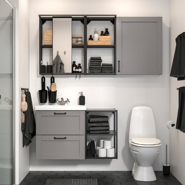 ENHET / TVÄLLEN bathroom furniture, set of 18, grey frame/anthracite