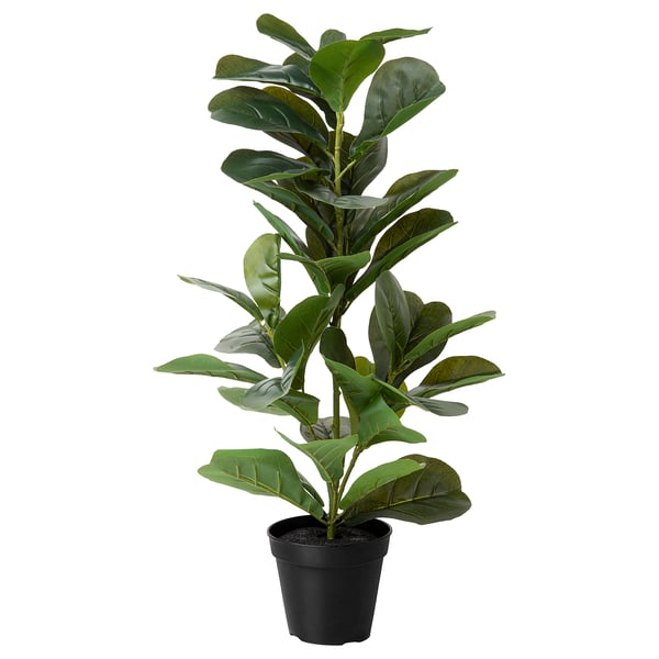 Artificial green leafy plant in black pot. Realistic indoor/outdoor decoration made from polyester and polyethylene plastic.