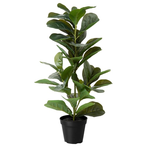 Artificial green leafy plant in black pot. Realistic indoor/outdoor decoration made from polyester and polyethylene plastic.