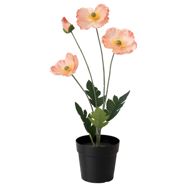Pink FEJKA silk flowers in black pot, realistic, green leaves, 3 stems with bright yellow centres.