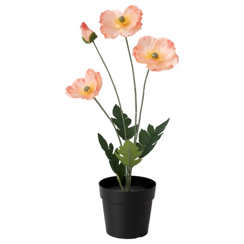 Pink FEJKA silk flowers in black pot, realistic, green leaves, 3 stems with bright yellow centres.