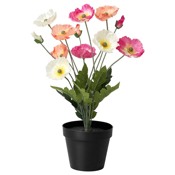 FEJKA artificial plant, multi-colored flowers, black pot, indoor/outdoor use, made from polyester and recycled plastic.