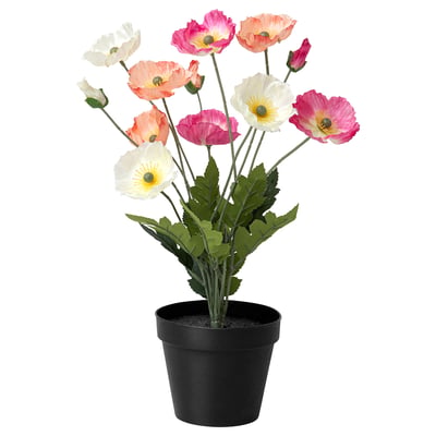 FEJKA artificial plant, multi-colored flowers, black pot, indoor/outdoor use, made from polyester and recycled plastic.
