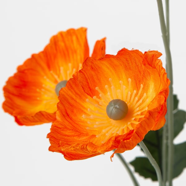 Bright orange poppies on green stems, vivid, lifelike, artificial flowers against white background.