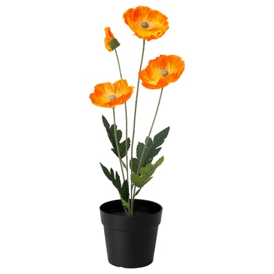 FEJKA potted plant with 3 orange flowers, green leaves, black pot; realistic, recycled materials.