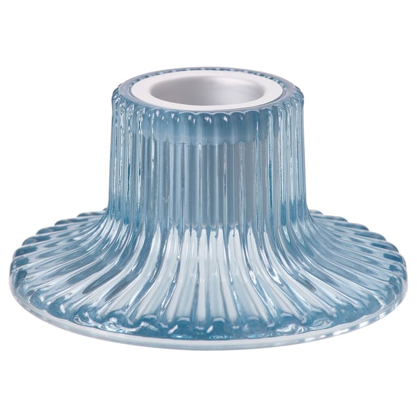 FINSMAK candlestick, blue, glass & aluminium, ribbed, timeless design.