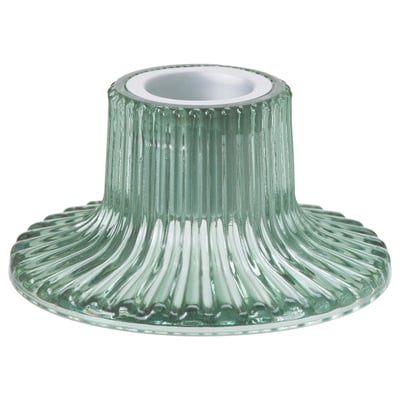 FINSMAK green glass candlestick, ribbed design, metal insert, elegant shape.