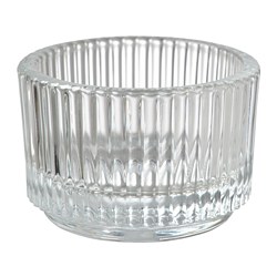 FINSMAK: clear glass tealight holder. Round, ribbed, elegant design.