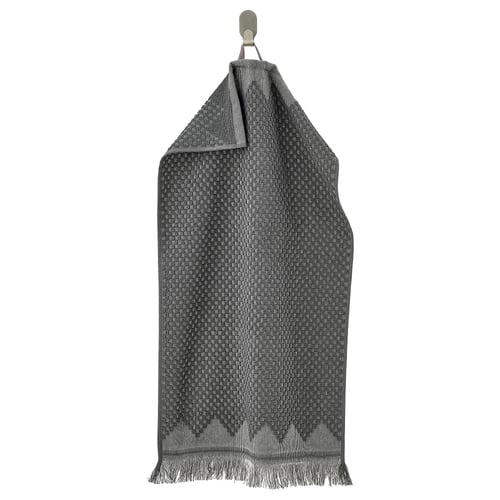 Grey FJÄLLSTARR boho towel with fringes, woven cotton, hangs neatly for bathroom.