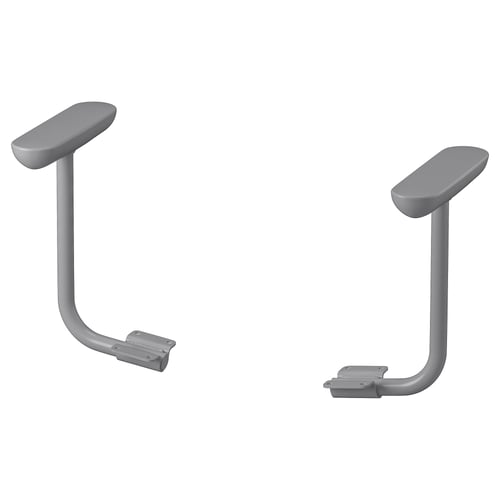 Image shows two grey FLINTAN office chair armrests, each with a curved metal base and padded top.