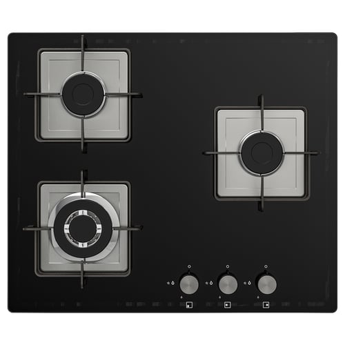Black glass gas stove with 3 burners, round and square-shaped, controlled by front knobs.