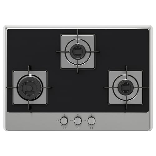 A silver FÖRDJUPA gas hob with three burners, featuring cast iron supports and front mounted control knobs.