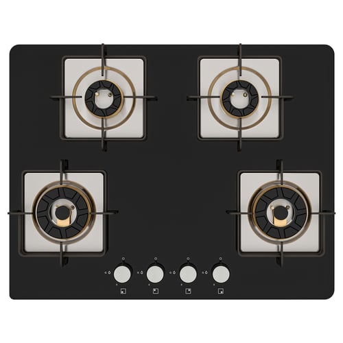 Black glass cooktop with four burners and control knobs.