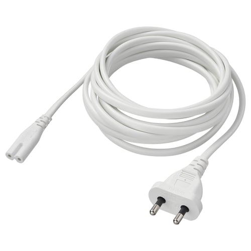White pvc power cord with two prongs, coiled neatly for storage.