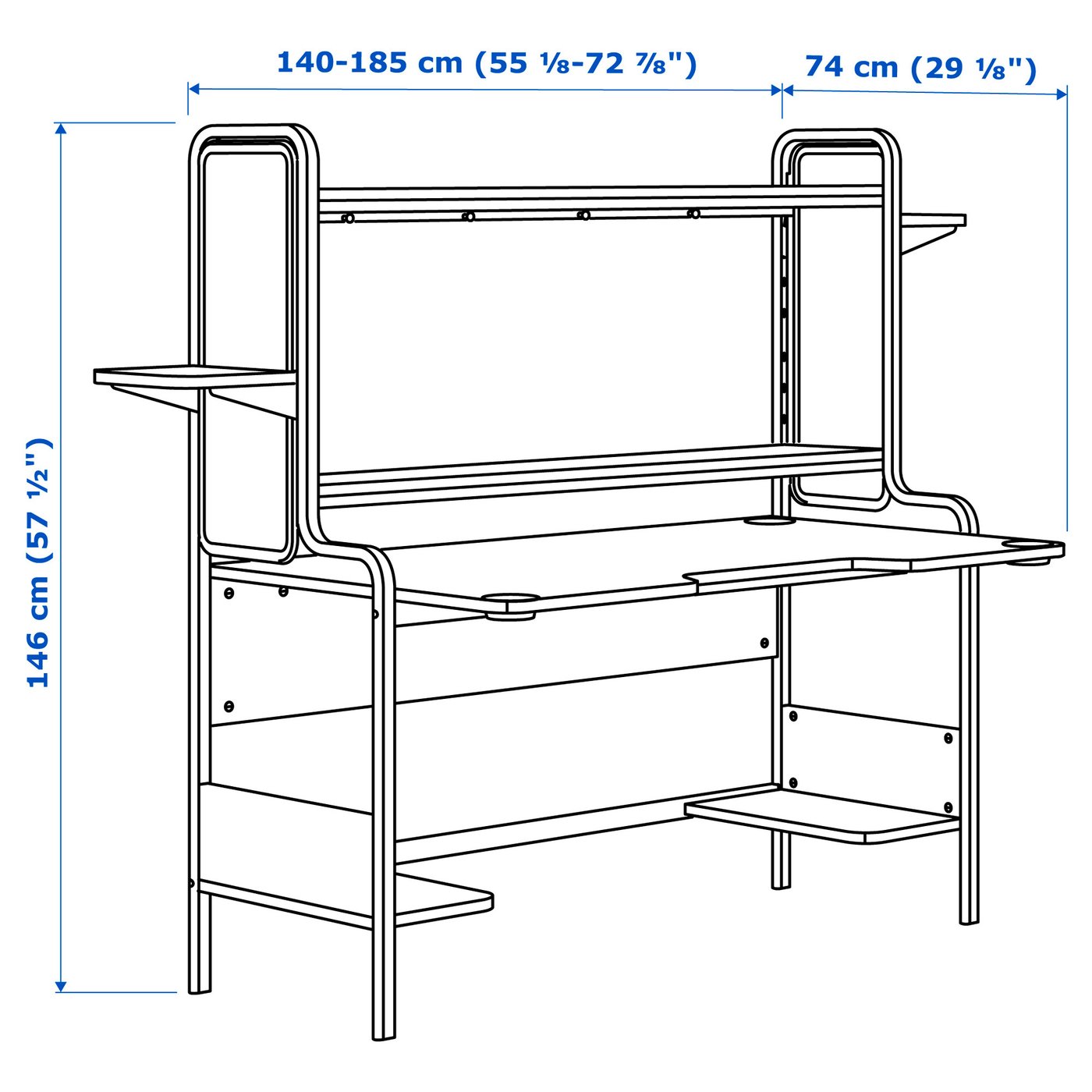 FREDDE gaming desk, black, 140/185x74x146 cm (551/8/727/8x291