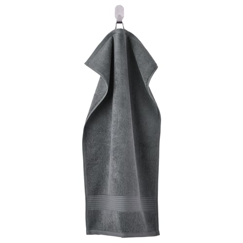 Fredriksjon grey cotton towel, thick, folded on hanger.