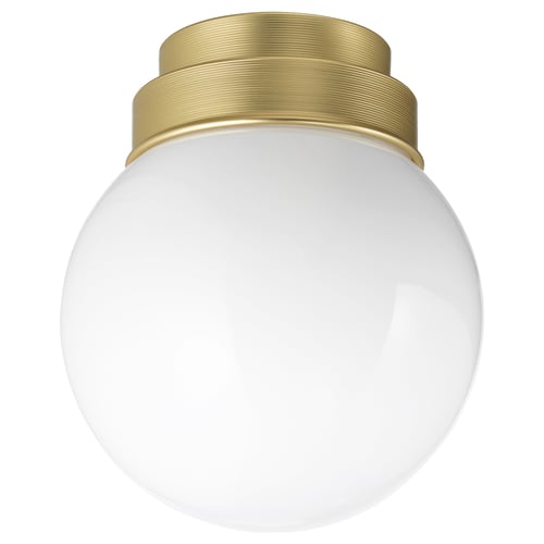 A FRIHULT ceiling light, featuring a gold-colored aluminium base and a round white glass shade, designed in a classic style.