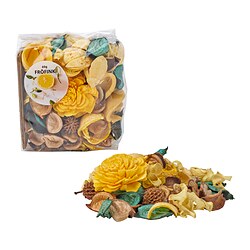 Bag of yellow dried flowers and leaves, product name FRÖFINK. Bright yellow, natural, varied shapes, in clear packaging.