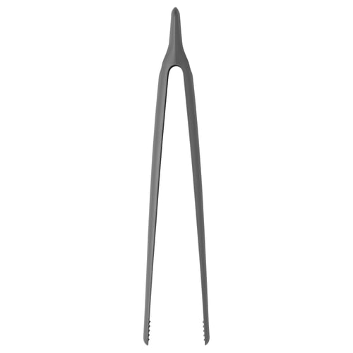 Grey cooking tongs, slender, plastic, simple design.