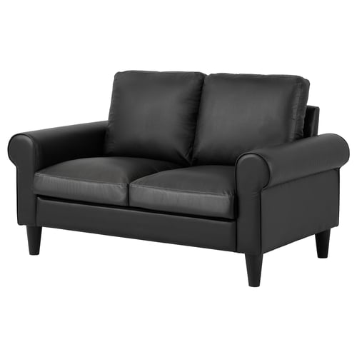 Modern black leather loveseat with rolled arms and plush cushions.