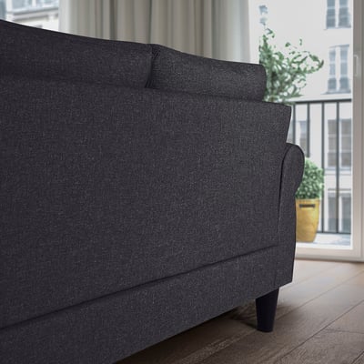 GAMMALBYN: dark grey, compact sofa. Upholstered, rounded arms & cushions. Perfect for cosy relax.
