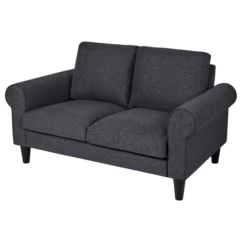 GAMMALBYN: dark grey, compact sofa. Upholstered, rounded arms & cushions. Perfect for cosy relax.