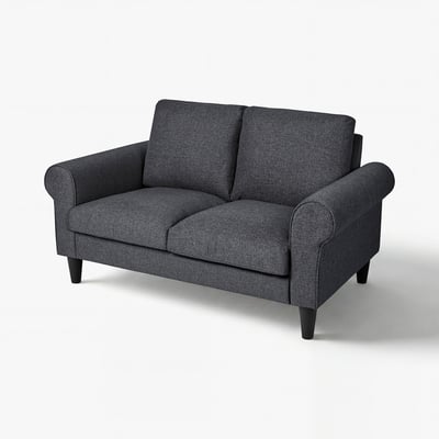 GAMMALBYN grey fabric sofa, compact, rolled arms, dark wood legs.