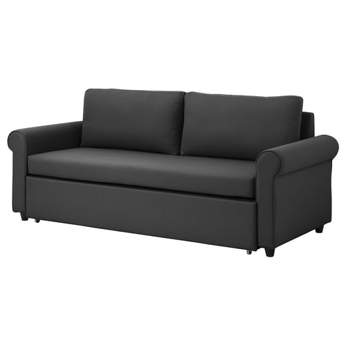 The GAMMALBYNd sofa-bed is dark grey, upholstered in recycled polyester. Its compact, has rolled armrests, and converts easily into a bed.