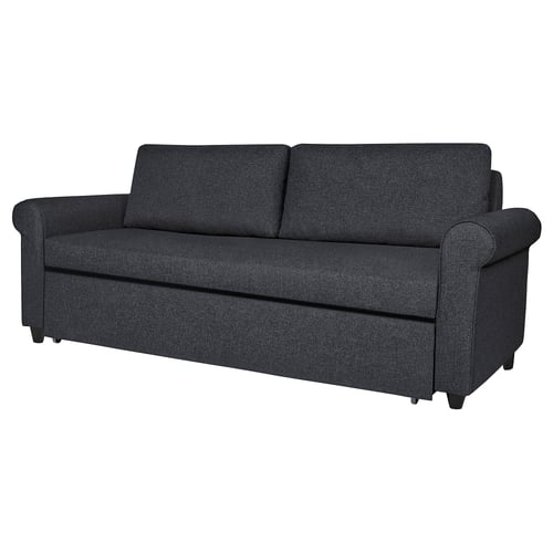 Dark grey GAMMALBYN sofa-bed with rolled arms and storage. Modern and compact design.
