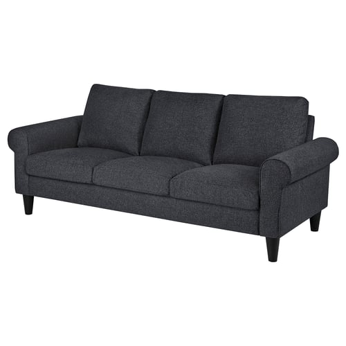 GAMMALBYN sofa, dark grey, plush upholstery, rolled arms, wooden legs.