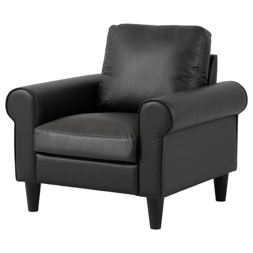A black leather GAMMALBYN armchair. Sleek design with rolled arms and tapered legs. Comfortable and stylish for living space.