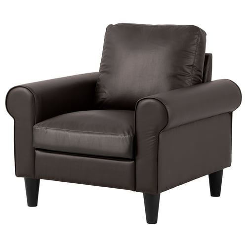 GAMMALBYN chair, dark brown leather, rolled arms, cushioned seat, modern classic design.