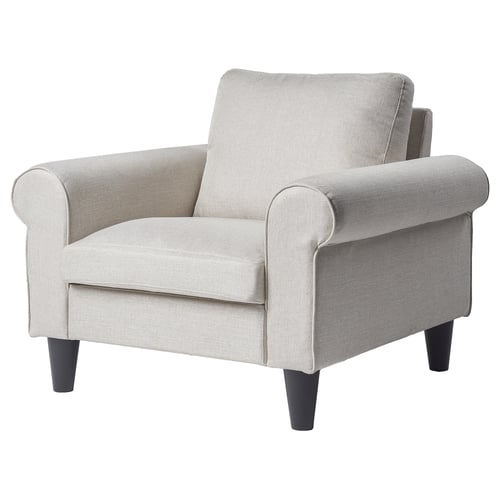 Light grey GAMMALBYN armchair with rolled arms, soft cushions, and dark wooden legs.