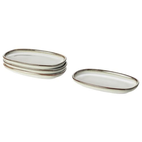GLADELIG: set of 4 oval, beige stoneware plates with rustic, sandy glaze edge.