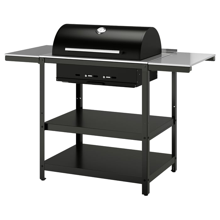 GRILLSKÄR charcoal barbecue w 2 side tables, stainless steel/outdoor