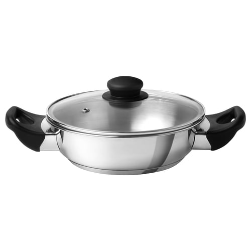 Stainless steel wok with glass lid & black handles