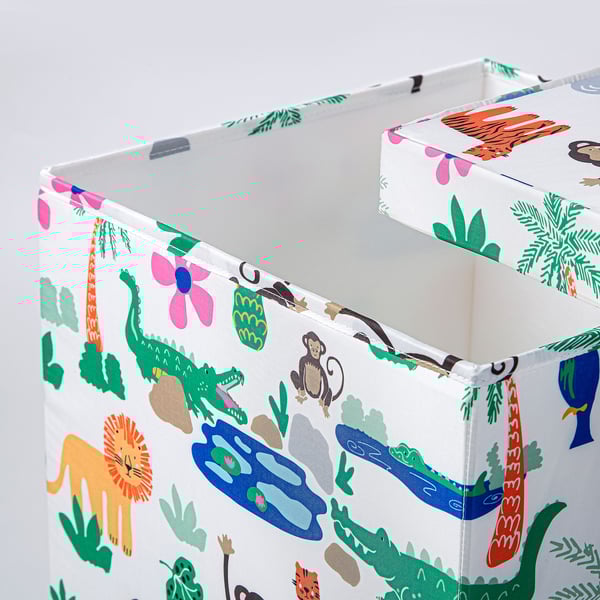 Colourful, durable storage box with playful jungle animal prints, made from recycled fabric.