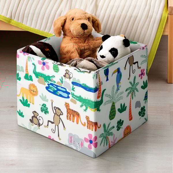 Box filled with colourful stuffed animals, ideal for kids room organisation.