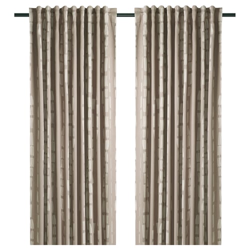 HÄCKBERBERIS curtains, beige, soft linear pattern, 100% recycled polyester, floor-length, with heading tape for hooks.