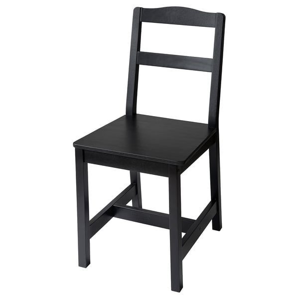 Black HÄGERNÄS chair, simple design, rectangular seat, four legs, wooden construction.