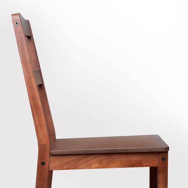 Dark wooden chair with square seat, slatted back and metal fixings, high-quality finish.