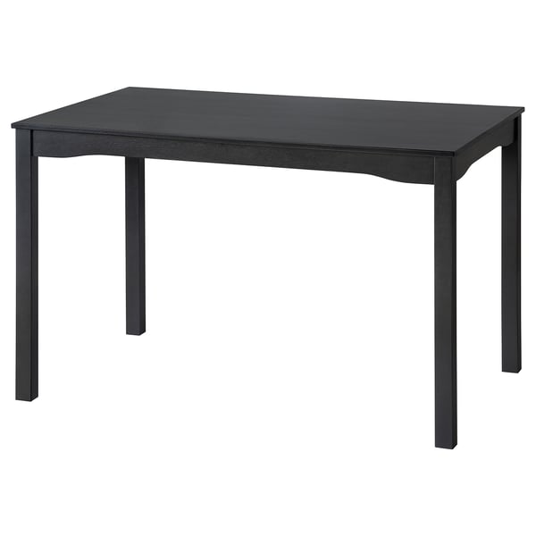 Black rectangular wooden table with four legs. Simple and modern design, ideal for dining or working.