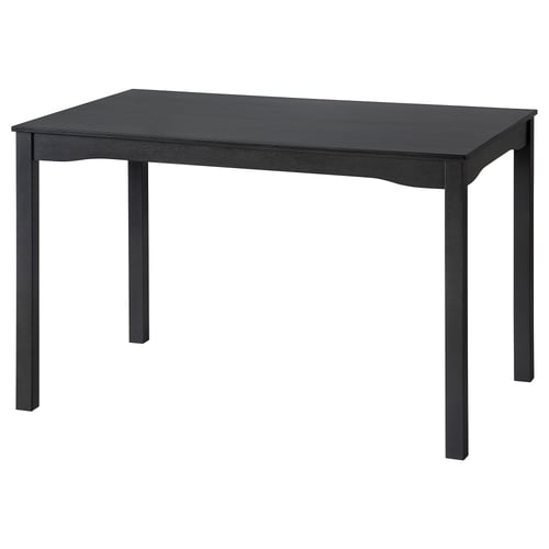 Black rectangular wooden table with four legs. Simple and modern design, ideal for dining or working.
