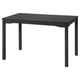 Black rectangular wooden table with four legs. Simple and modern design, ideal for dining or working.